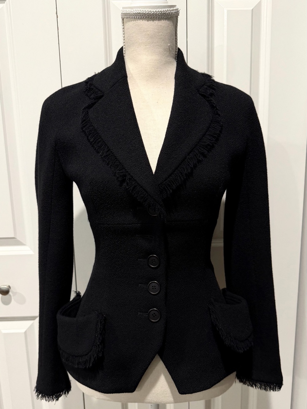 CHRISTIAN DIOR PARIS BLACK WOOL FRINGED JACKET- SIZE 4